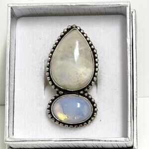 Hand Crafted Milky Quartz & Moonstone Ring Silver Plated Size 7.5 Gift Boxed